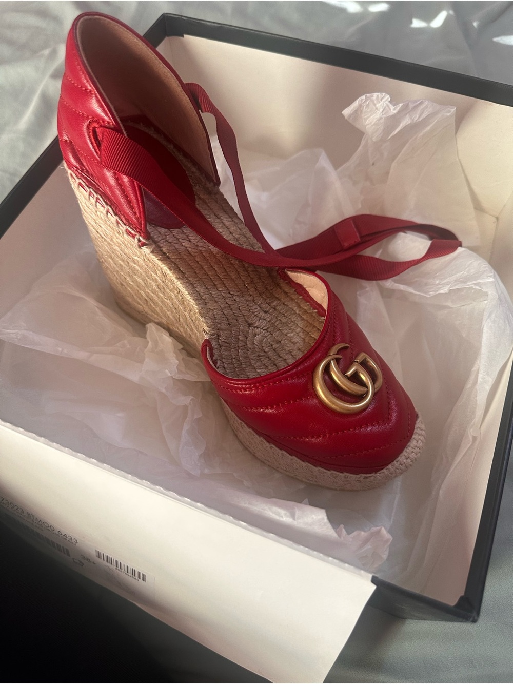 Gucci Red Leather Wedge Espadrille with Gold Double G Hardware